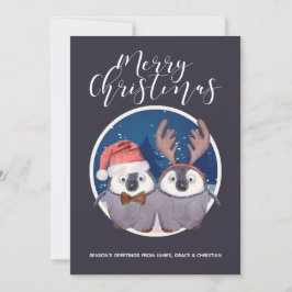 Tarjeta Festiva Pareja de pingüino cute Santa y Navidades de renos