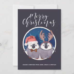 Tarjeta Festiva Pareja de pingüino cute Santa y Navidades de renos