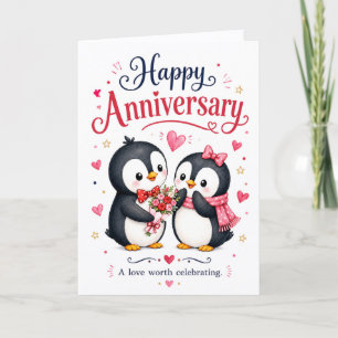 Tarjeta Festiva Pareja de pingüinos lindos Feliz Aniversario