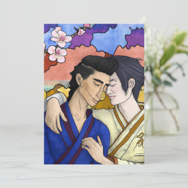 Tarjeta Festiva Pareja gay al estilo del arte japonés Ukiyo-e (Anverso de pie)