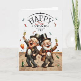 Tarjeta Festiva Pareja gay de Año Nuevo divertida en caricaturas a