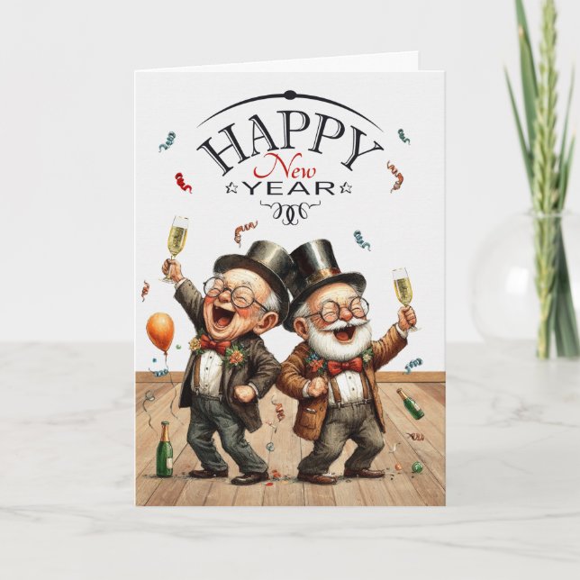 Tarjeta Festiva Pareja gay de Año Nuevo divertida en caricaturas a (Anverso)