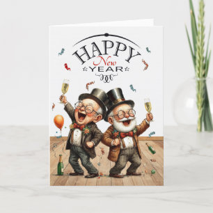 Tarjeta Festiva Pareja gay de Año Nuevo divertida en caricaturas a