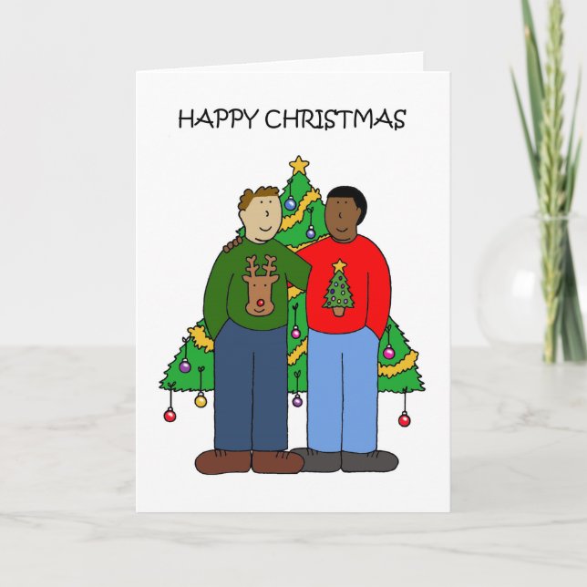 Tarjeta Festiva Pareja gay masculina multirracial Navidades felice (Anverso)