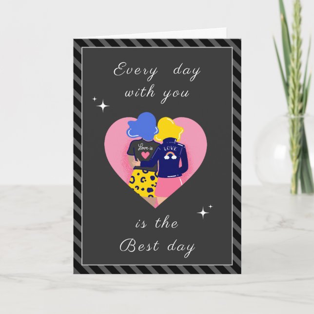 Tarjeta Festiva Pareja gay moderna Día de San Valentín LGBTQ lindo (Anverso)