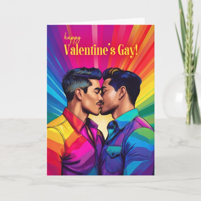Tarjeta Festiva Pareja latina gay arcoiris El día de San Valentín  (Anverso)
