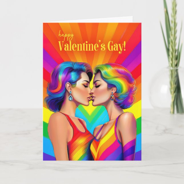 Tarjeta Festiva Pareja lesbiana de San Valentín: Arte pop arcoiris (Anverso)