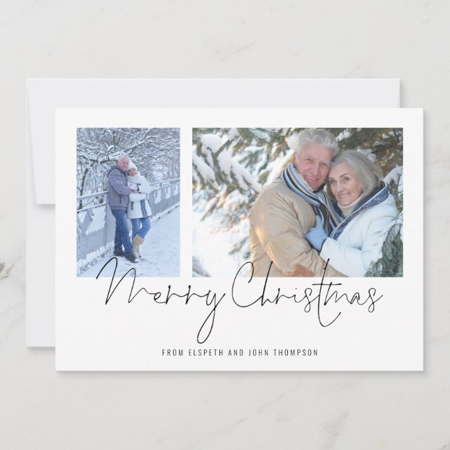 Tarjeta Festiva Pareja moderna 2 fotos Script Merry Christmas (Anverso)