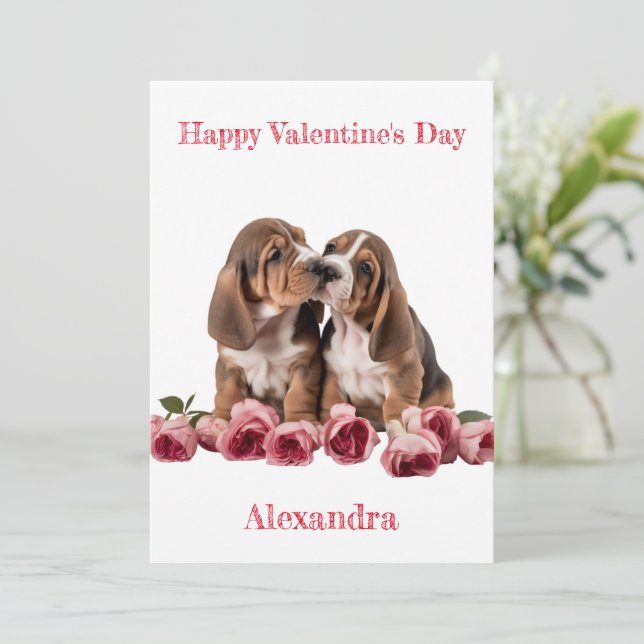 Tarjeta Festiva Pareja personalizado de cachorros de la hebilla de (Anverso de pie)