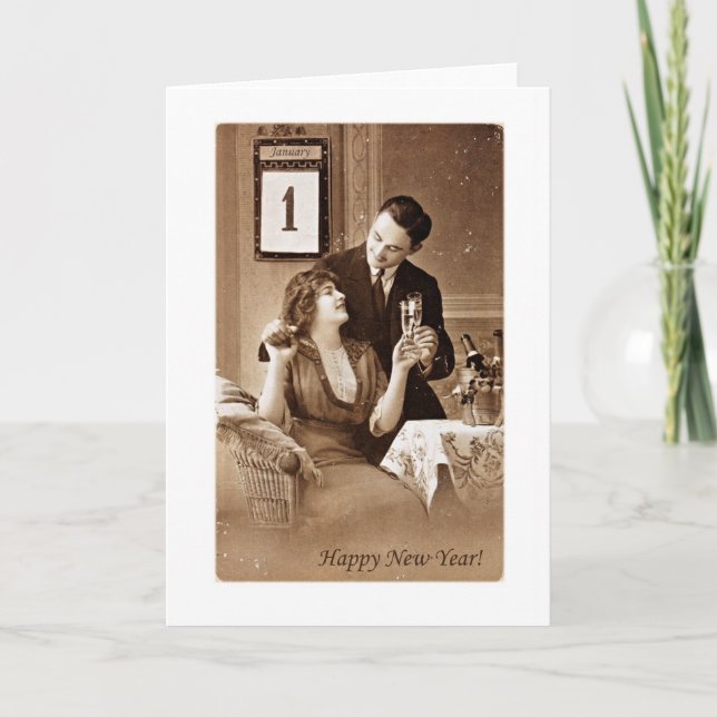 Tarjeta Festiva pareja que celebra el año nuevo con champagne,vint (Anverso)