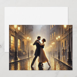 Tarjeta Festiva Pareja romántica bailando bajo la lluvia