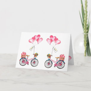 Tarjeta Festiva Pareja San Valentín azul rosa Bicicleta Globo Cora