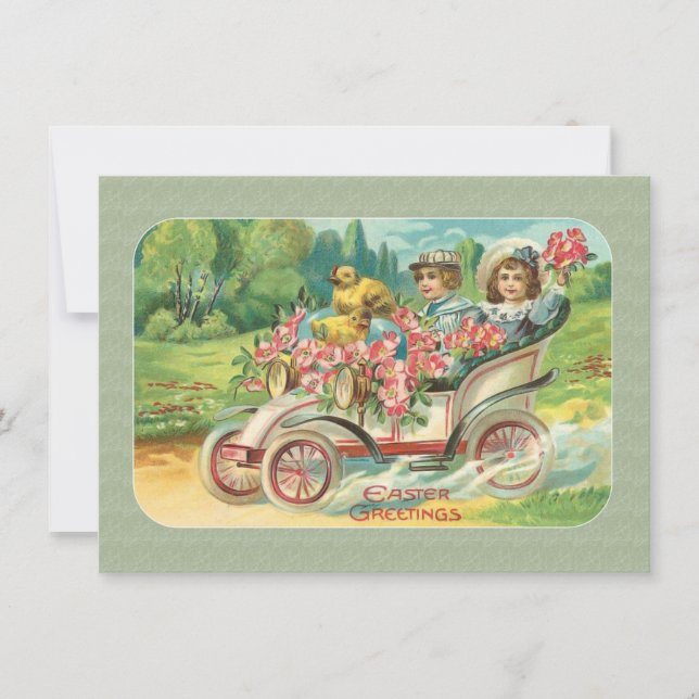 Tarjeta Festiva Pareja victoriana de Pascua con flores de auto ant (Anverso)