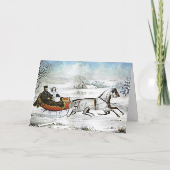 Tarjeta Festiva Pareja victoriana en Navidades de Sleigh (Anverso)