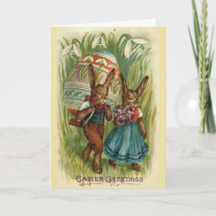 Tarjeta Festiva Pareja Vintage de Conejo de Pascua,