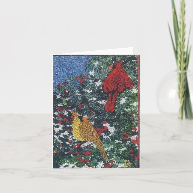 Tarjeta Festiva Pares cardinales en un árbol de pino (Anverso)