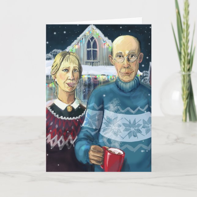 Tarjeta Festiva Parodia de American gothic - invierno (Anverso)
