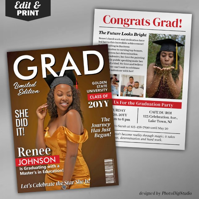 Tarjeta Festiva Partido de Graduación Moderno Invita Cobertura de  (Editable Graduation Party Invitation, Modern Graduate Magazine Cover Invite and Announcement)