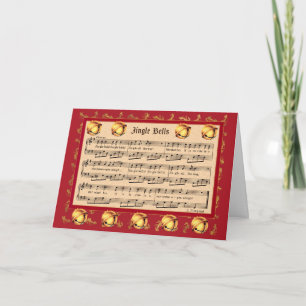 Tarjeta Festiva partitura de Jingle Bells con campanas y oro falso