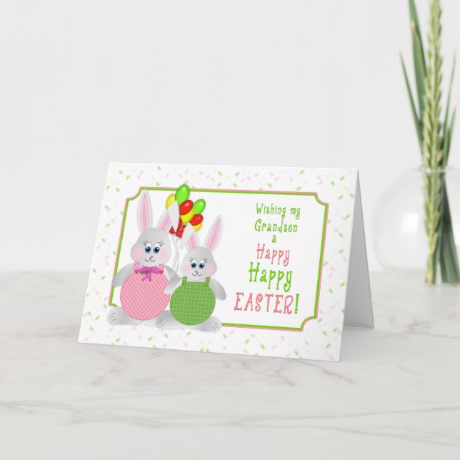 Tarjeta Festiva Pascua - Abuelo - Bunnies y globos (Anverso)