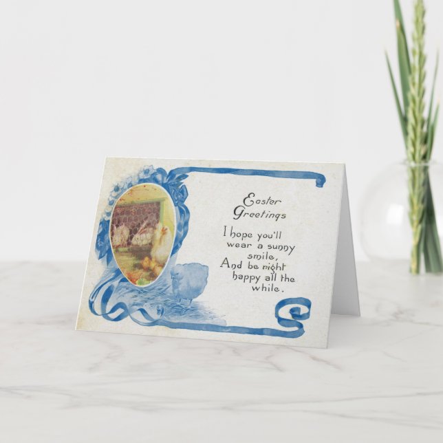 Tarjeta Festiva Pascua antigua de pollo de huevo azul (Anverso)