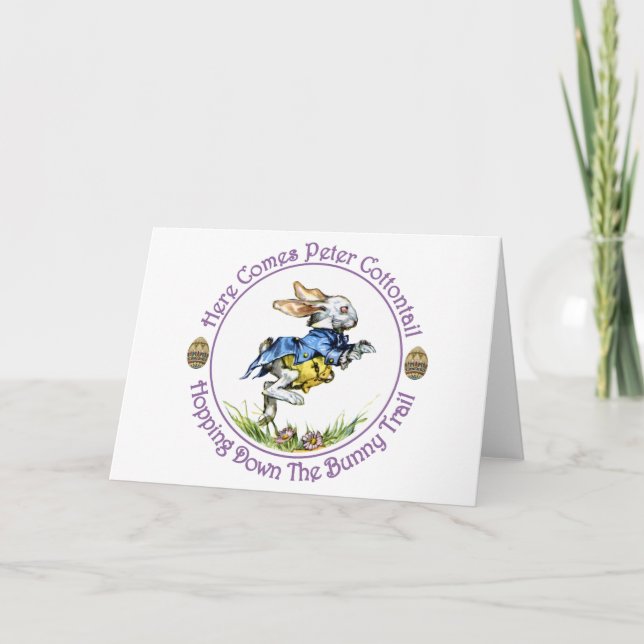Tarjeta Festiva Pascua - aquí viene el conejo de rabo blanco de (Anverso)