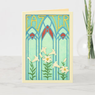 Tarjeta Festiva Pascua Art Nouveau con Lirios Blancos