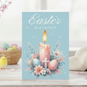 Tarjeta Festiva Pascua Azul Y Rosa Bendice Pascua Cristiana