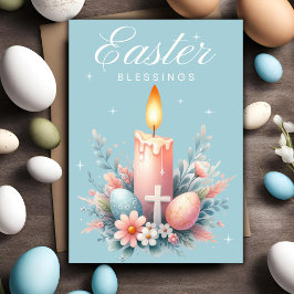Tarjeta Festiva Pascua Azul Y Rosa Bendice Pascua Cristiana