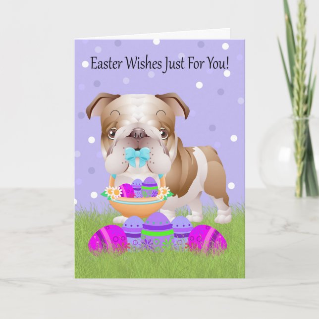Tarjeta Festiva Pascua con el pequeño bulldog con la cesta de (Anverso)