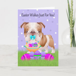 Tarjeta Festiva Pascua con el pequeño bulldog con la cesta de