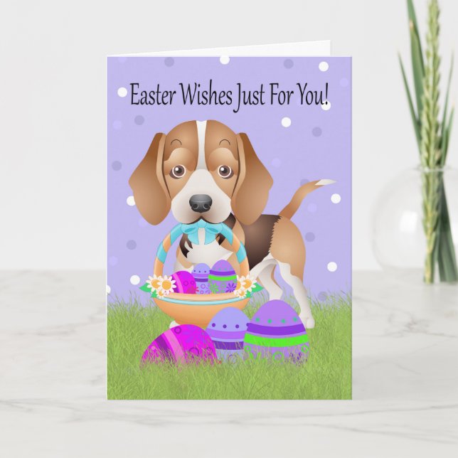 Tarjeta Festiva Pascua con el pequeños beagle y huevos de Pascua (Anverso)
