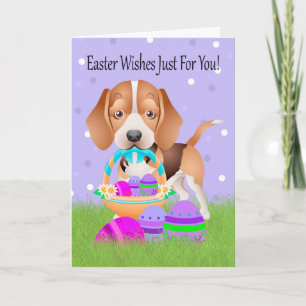 Tarjeta Festiva Pascua con el pequeños beagle y huevos de Pascua
