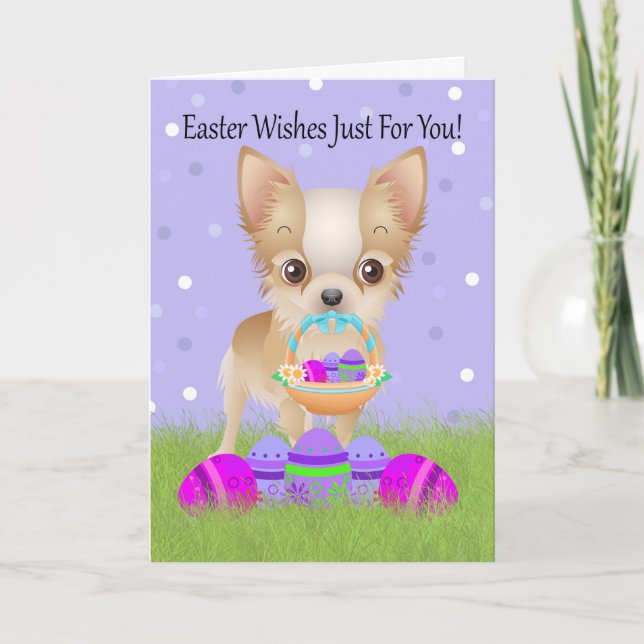 Tarjeta Festiva Pascua Con Pequeño Chihuahua Con Cesta De Pascua (Anverso)