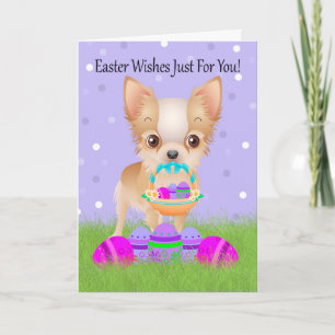 Tarjeta Festiva Pascua Con Pequeño Chihuahua Con Cesta De Pascua