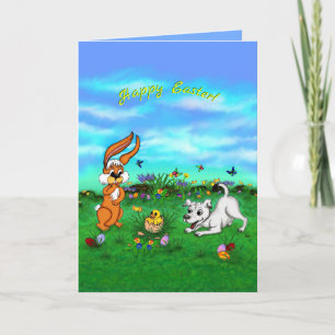 Tarjeta Festiva Pascua: Conejo de cachorros y polluelo