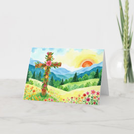 Tarjeta Festiva Pascua Cruz Montañosa de Acuarela Flor Silvestre