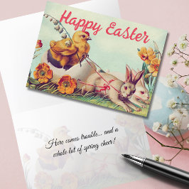 Tarjeta Festiva Pascua de carreta de gallina y conejo vintage
