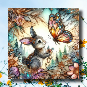 Tarjeta Festiva Pascua de conejito de vidrio con manchas florales