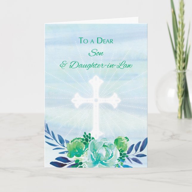 Tarjeta Festiva Pascua de flores azules Verde azuladas de hijo e h (Anverso)