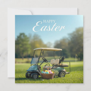 Tarjeta Festiva Pascua de golf con carrito de golf en hierba verde