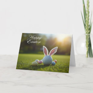 Tarjeta Festiva Pascua de golf con pelota de conejo oreja en hierb