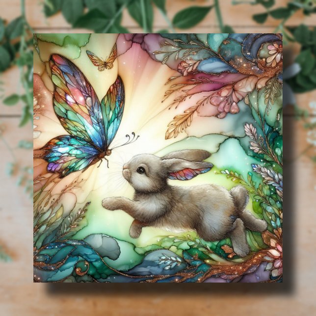 Tarjeta Festiva Pascua de mariposa de conejo de vidrio con manto d (Subido por el creador)