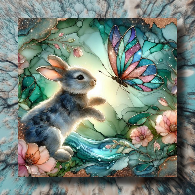 Tarjeta Festiva Pascua de mariposa de conejo de vidrio rosado verd (Subido por el creador)