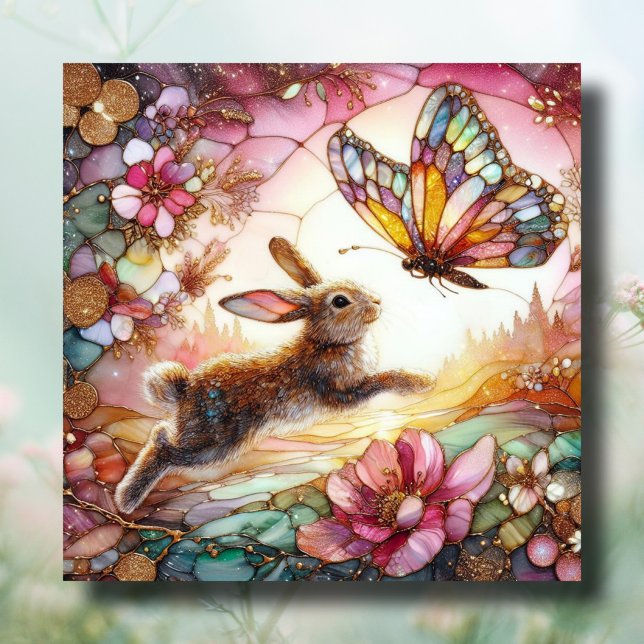 Tarjeta Festiva Pascua de mariposa de vidrio manchado de oro rosad (Subido por el creador)