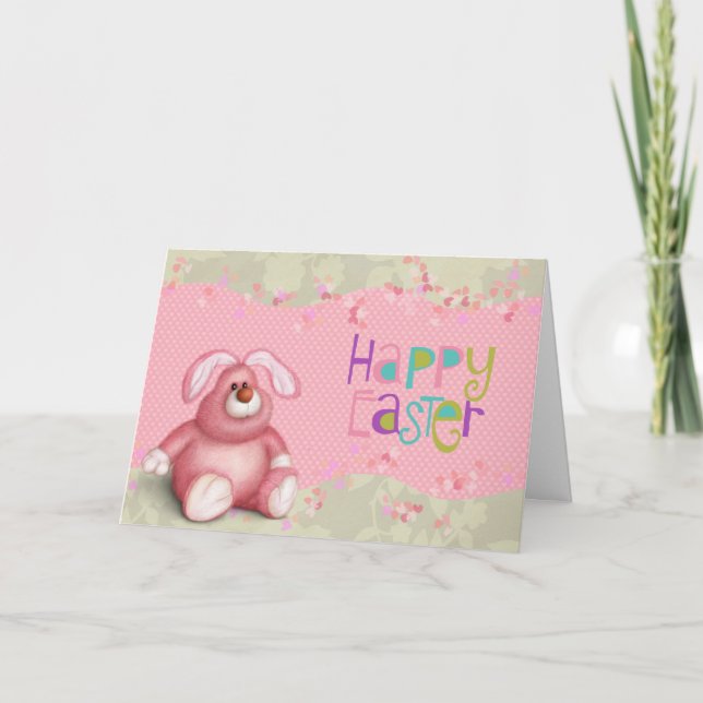 Tarjeta Festiva Pascua del conejo rosa Polkadot (Anverso)