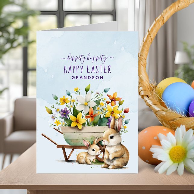 Tarjeta Festiva Pascua del nieto de los conejitos (Personalized Cute Bunnies Grandson Easter Holiday Card)