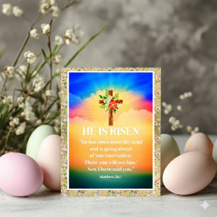 Tarjeta Festiva PASCUA Él ha resucitado Cruz cristiana y florales
