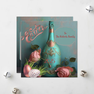 Tarjeta Festiva Pascua elegante en azul turquesa y dorado rosa par