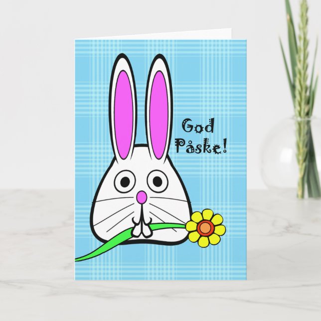 Tarjeta Festiva Pascua en danés, dios Påske, conejito y flor (Anverso)